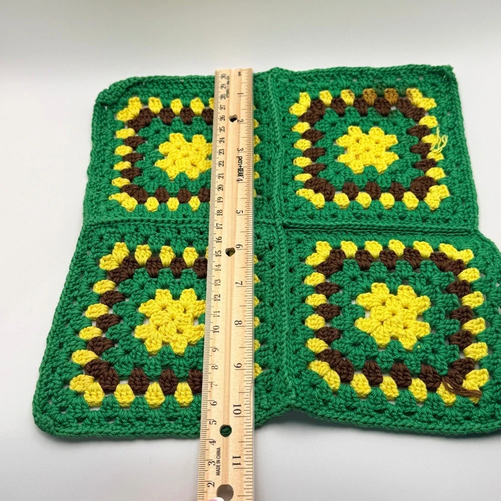 Handmade Vintage Granny Square Washcloth Crochet Heavy Duty Green Yellow 10.5in